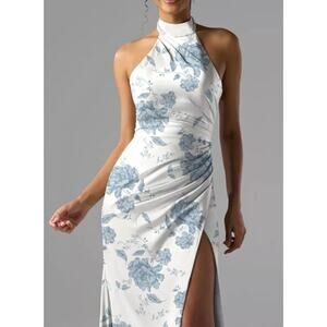 AW BRIDAL SZ 6 S dusty blue floral  Aiden bridesmaid cocktail maxi dress B79